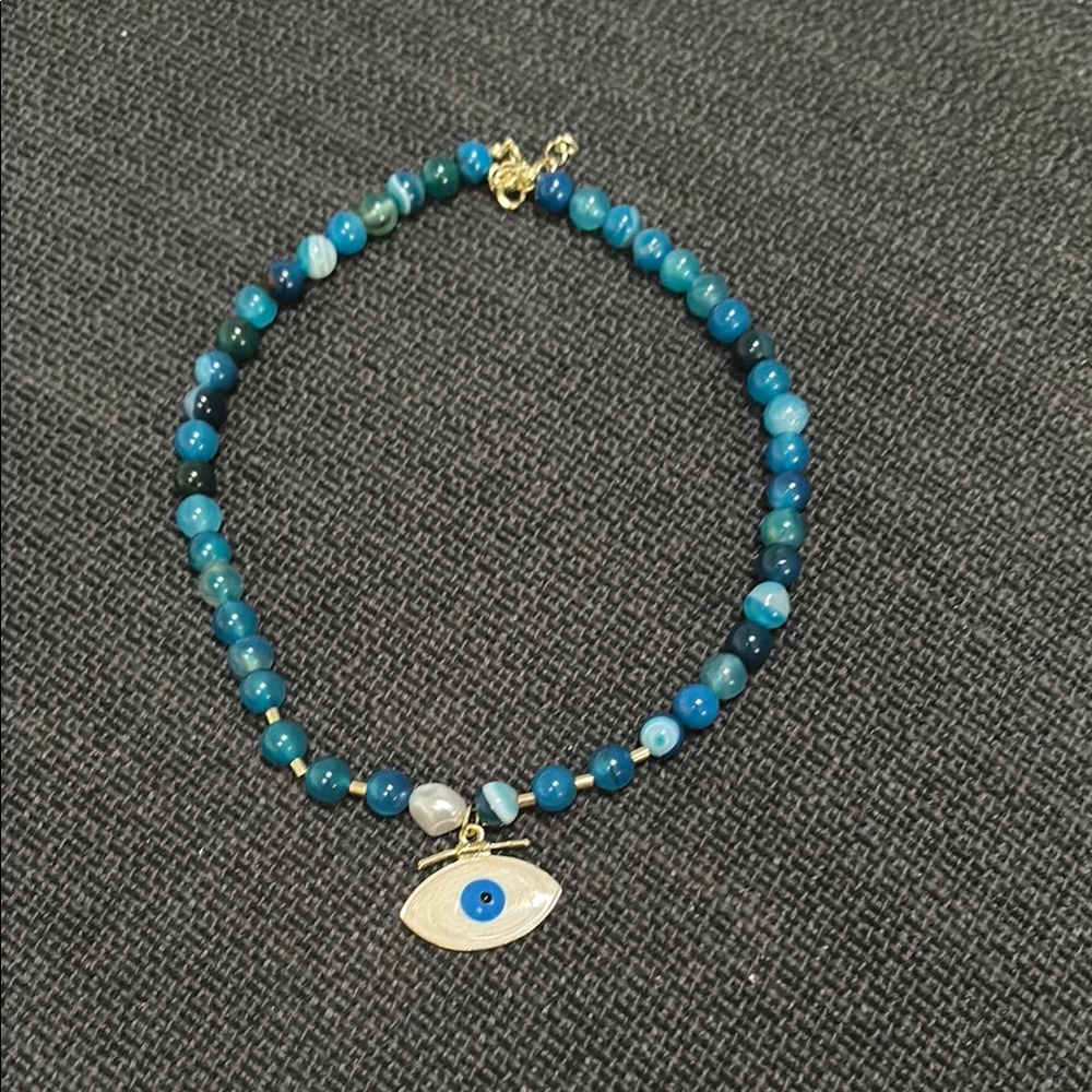 Gold and Blue Evil Eye Necklace with Beaded Design